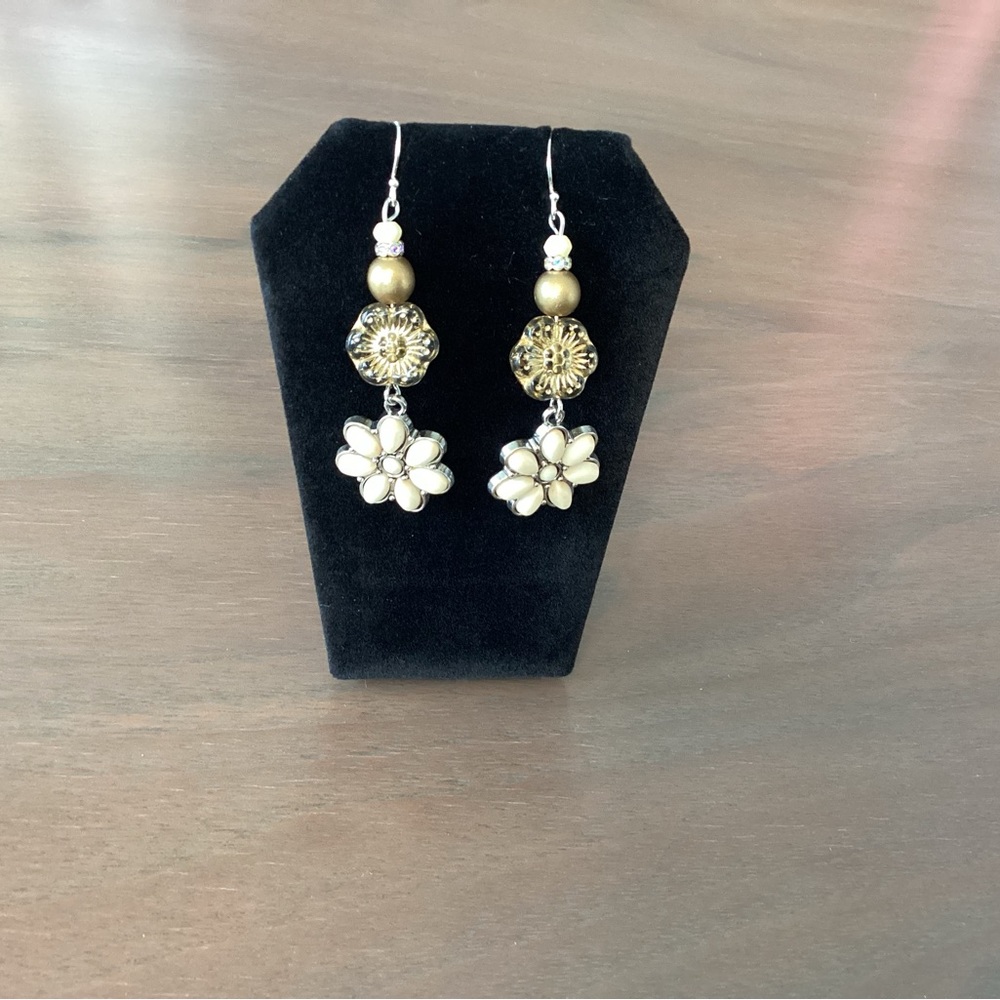 New Gold & Silver Floral Dangle Earrings Made with Czech Glass.